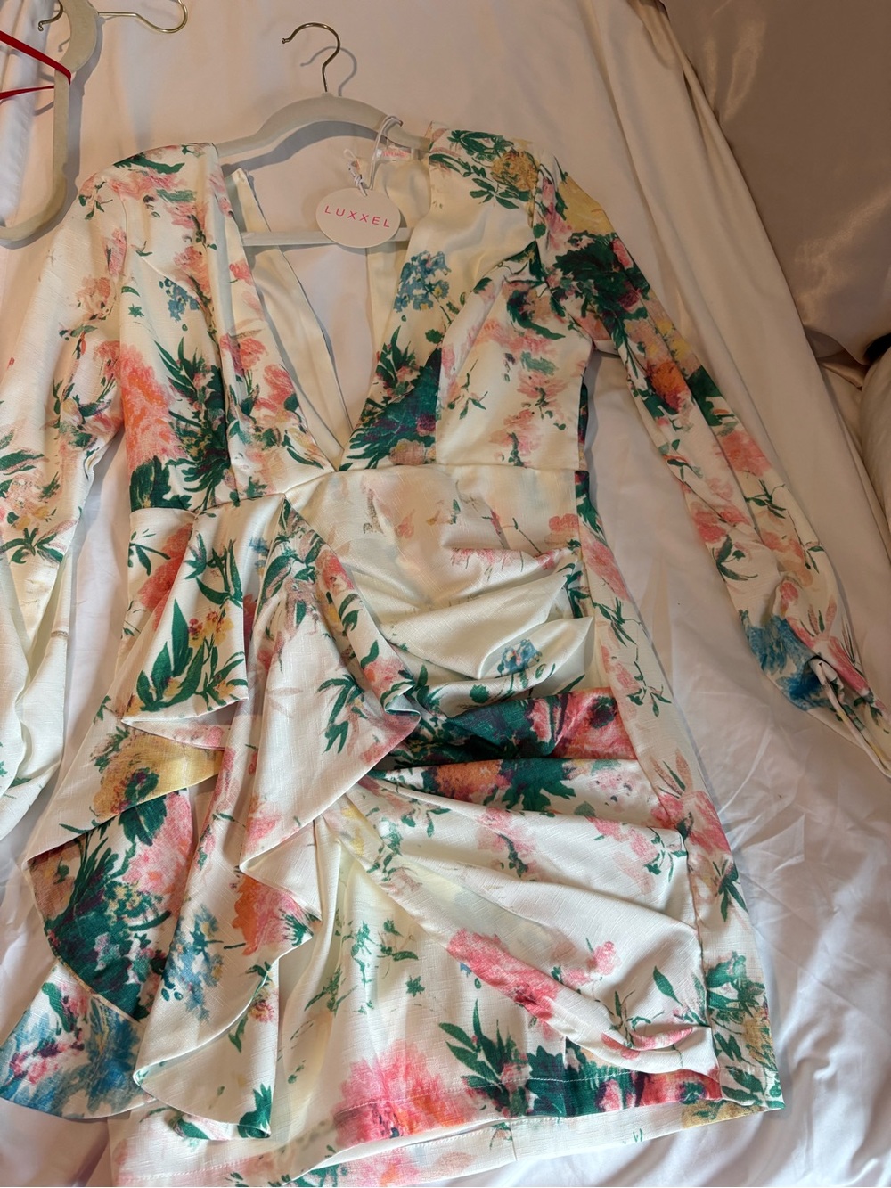 LUXKEL Floral Ruffled V-Neck Mini Dress - Cream & Multicolor